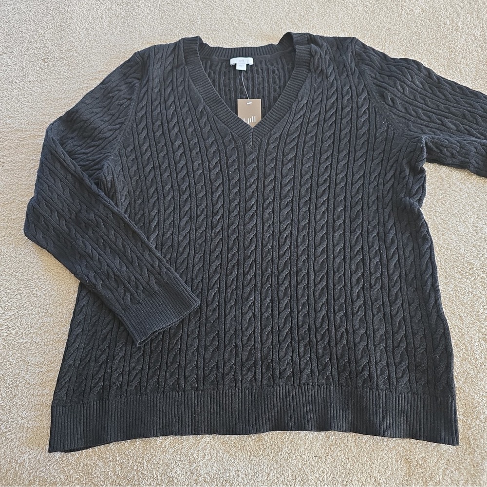 J Jill Cable Knit V-neck Pullover Sweater Black Size XL NWT Classic Preppy